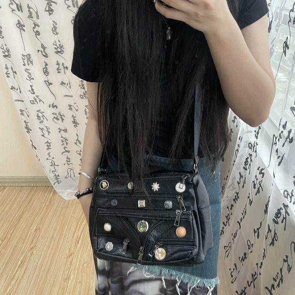 Vintage Button Multi-zipper Washed Shoulder Messenger Bag - Image 2
