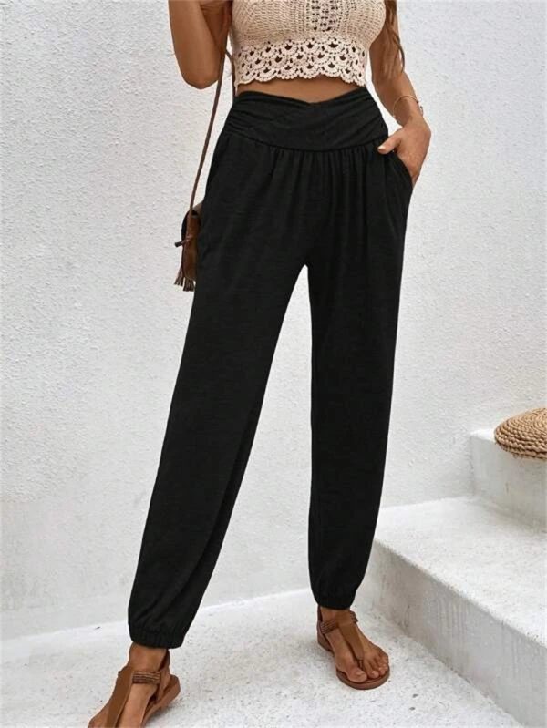 Casual Loose Pocket High Waist Ankle-tied Trousers For Women - Image 6