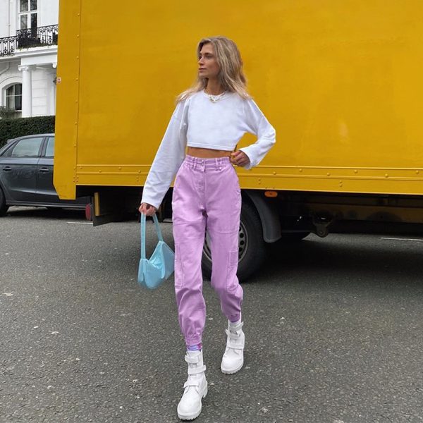 Purple big pocket street slim casual pants - Image 6