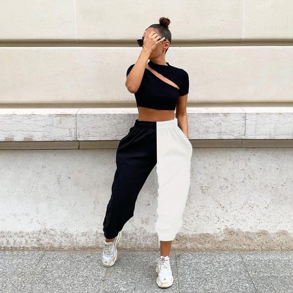 High waist stitching casual pants - Image 2