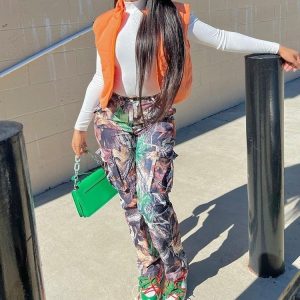 Leaf Print Straight High Waist Pocket Multi-color Overalls