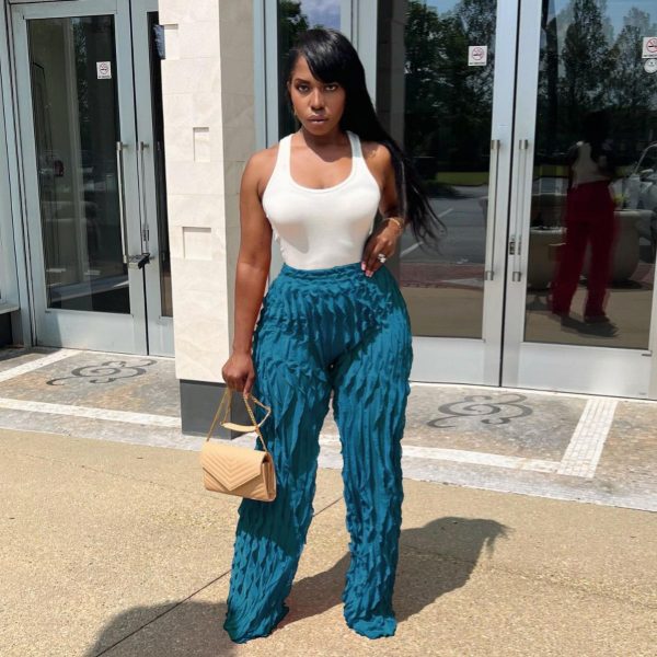 Women's Mesh Wavy Ruffled Loose High Waist Wide Leg Trousers - Image 2