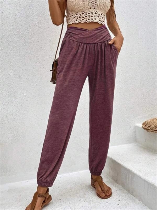 Casual Loose Pocket High Waist Ankle-tied Trousers For Women - Image 9