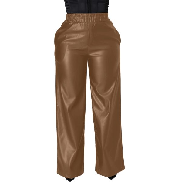 Solid Color Loose Wide Leg Pocket PU Leather Pants - Image 4