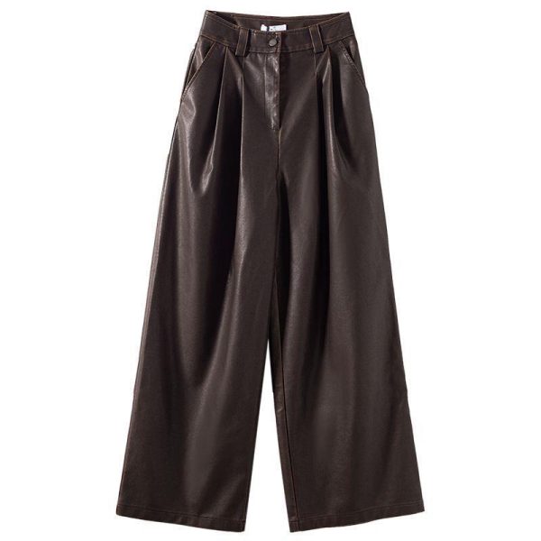 Vintage Brown Pleated PU Leather Pants Women's Clothing - Image 4