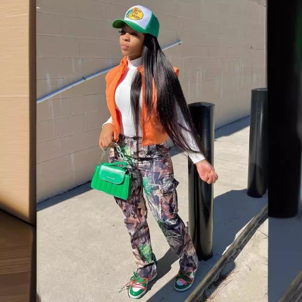 Leaf Print Straight High Waist Pocket Multi-color Overalls - Image 2