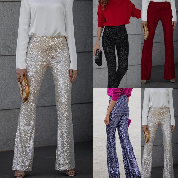 European And American Sequins Elastic Waist Slim Elastic Bell-bottom Pants