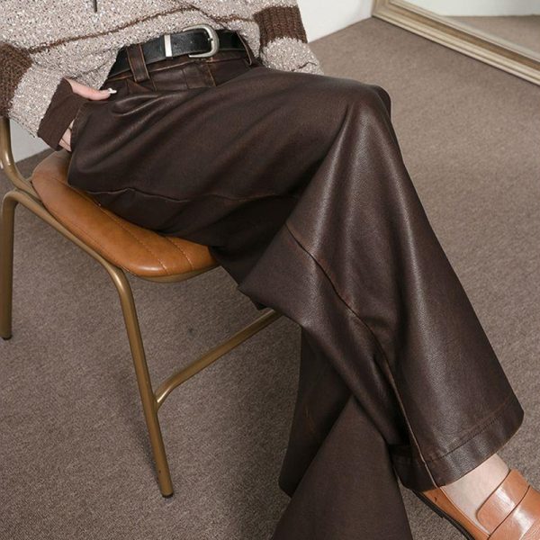 Vintage Brown Pleated PU Leather Pants Women's Clothing - Image 2