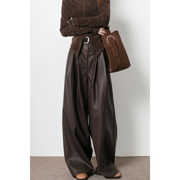 Vintage Brown Pleated PU Leather Pants Women's Clothing - Image 7