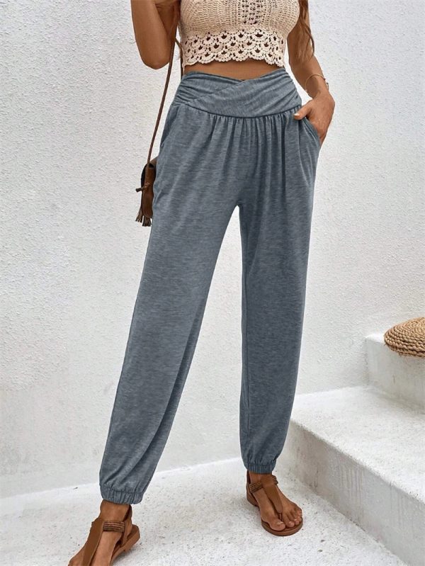 Casual Loose Pocket High Waist Ankle-tied Trousers For Women - Image 4