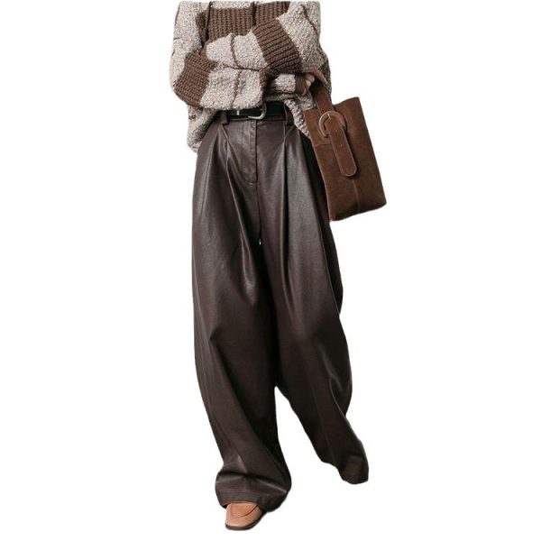Vintage Brown Pleated PU Leather Pants Women's Clothing - Image 6