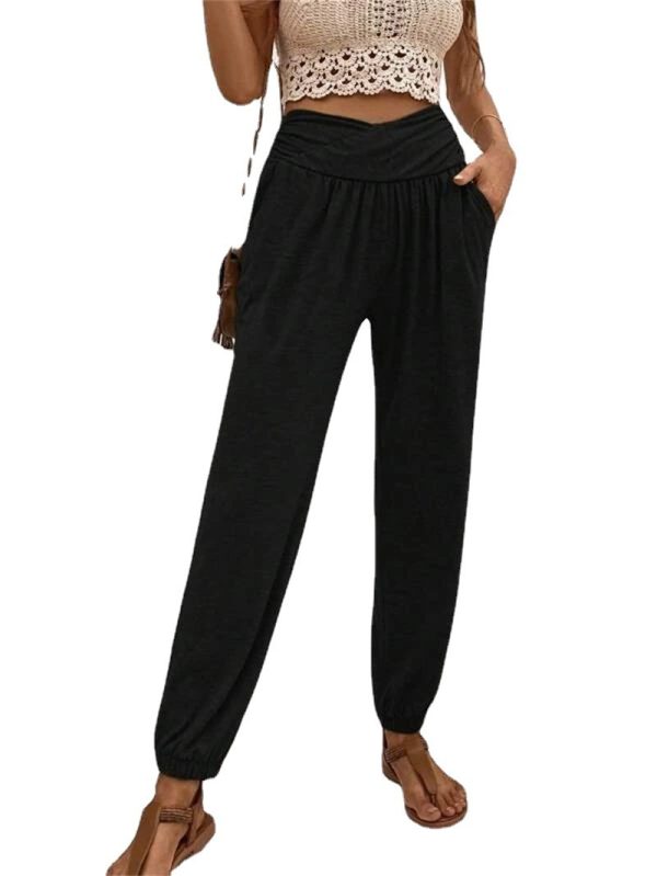 Casual Loose Pocket High Waist Ankle-tied Trousers For Women - Image 5