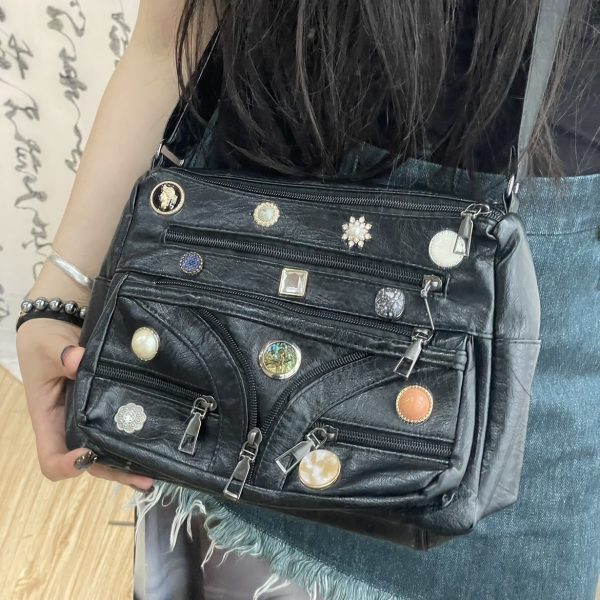 Vintage Button Multi-zipper Washed Shoulder Messenger Bag - Image 4