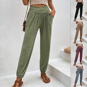 Casual Loose Pocket High Waist Ankle-tied Trousers For Women