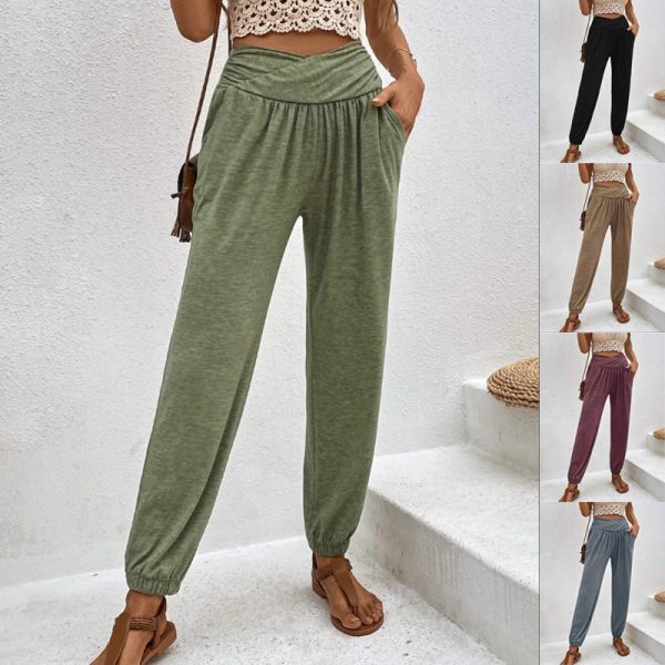 Casual Loose Pocket High Waist Ankle-tied Trousers For Women