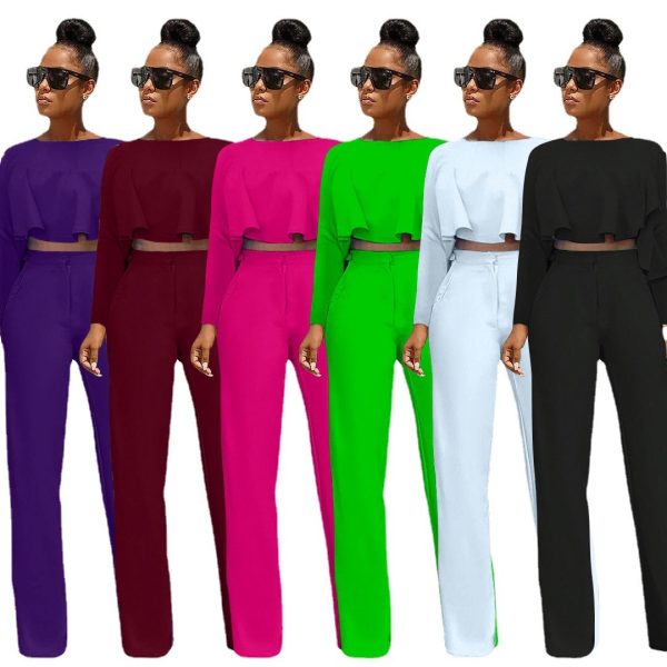 Solid Color Hollow-out Long Sleeve High Waist Wide Leg Pants Two-piece Set - Image 2