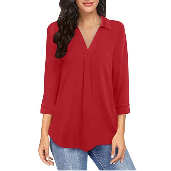 Ladies' Solid Color V-neck Seven Quarter Sleeved Shirt Top With Elegant Chiffon Stitching - Image 7