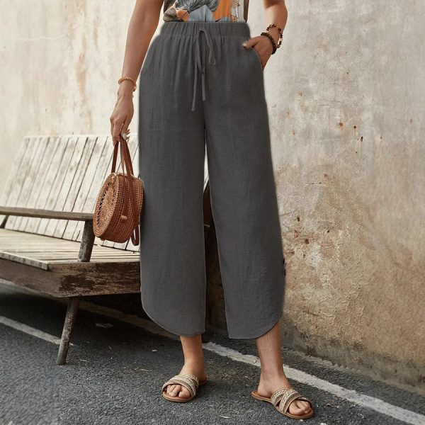 Cotton And Linen Drawstring Cropped Loose Pockets Casual Pants - Image 4