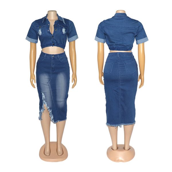 Denim Women's Wear Fashion Frosted Garment Wash Denim Skirt Suit - Image 6