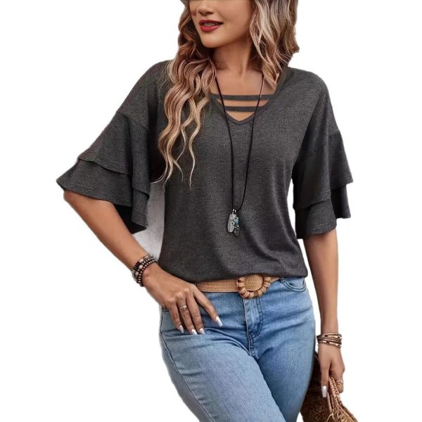 Women's V-neck Flounce Fashion T-shirt - Image 5