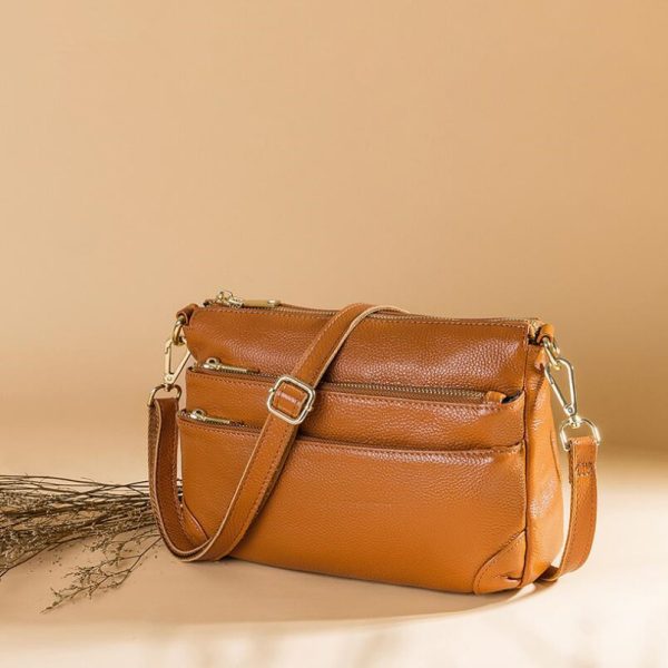 New Genuine Leather Women's Multi Zipper Partition Single Shoulder Crossbody Bag - Image 2
