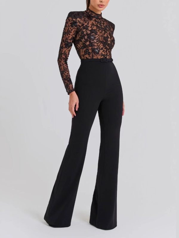 Black See-through Lace Long-sleeved Trousers Jumpsuit - Image 5