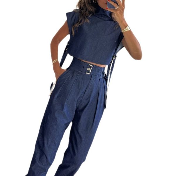 Casual Belt Decorative Turtleneck Short Sleeve And Long Pattern Suit - Image 3