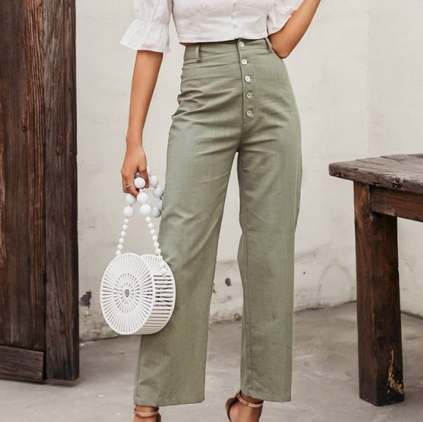 Solid color button slim trousers