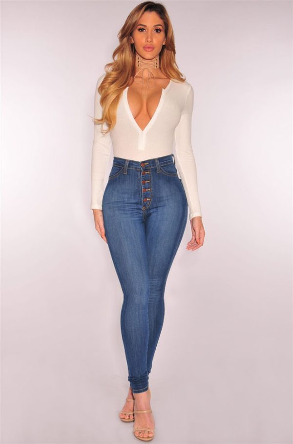 High-waist stretch slim denim pants