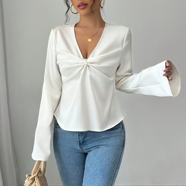 Women's Elegant Solid Color V-neck Ruffled Front Flared Sleeve Shirt - Image 4