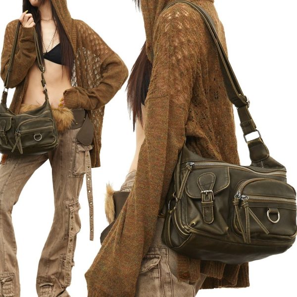 Retro Hot Girl Style Motorcycle Bag Brown Multi-pocket - Image 2