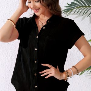 Women's V-Neck Blouse With Button Front Lightweight  Pockets Casual Short Sleeve Shirt Spring & Summer