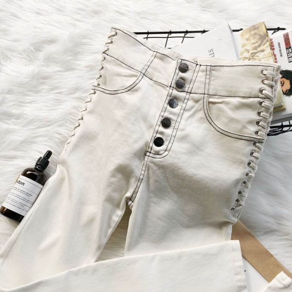 Versatile drawstring white jeans - Image 2