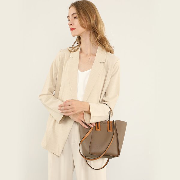 Color Block Leather All Match Commute Handbag - Image 4