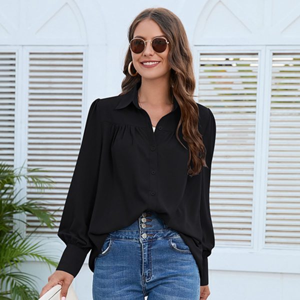 Women's Solid Color Simple Chiffon Pleated Long-sleeved Shirt - Image 2
