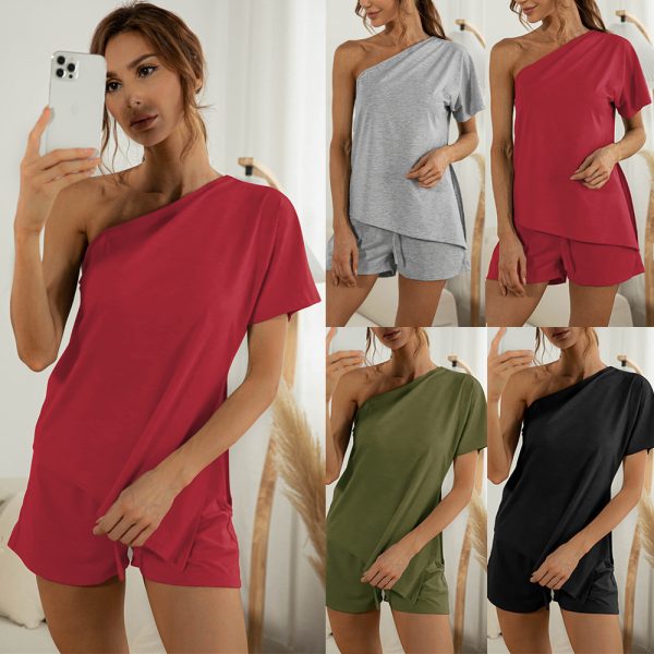 Off-the-shoulder Short Sleeve Sloping-shoulder Off The-shoulder Casual Two-piece Suit - Image 9