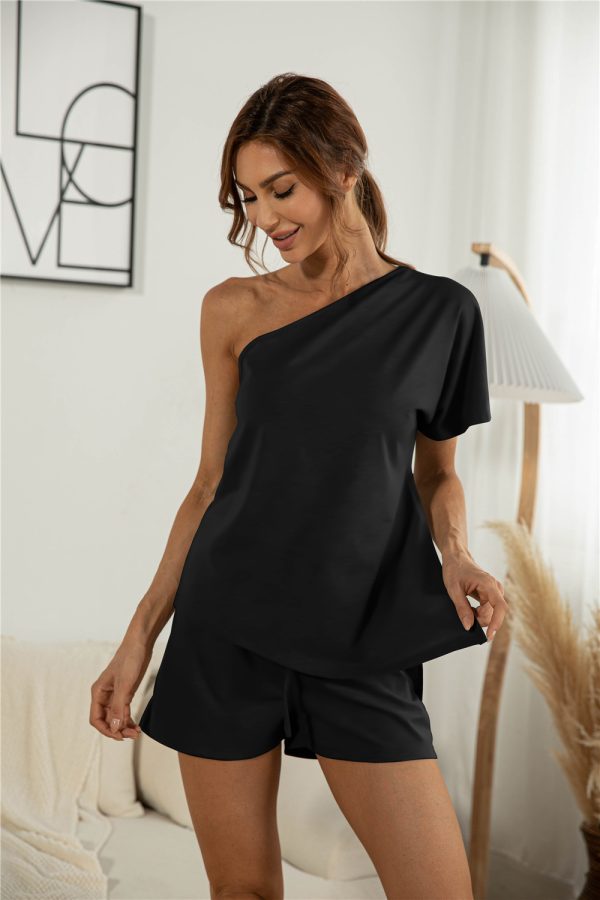 Off-the-shoulder Short Sleeve Sloping-shoulder Off The-shoulder Casual Two-piece Suit - Image 10