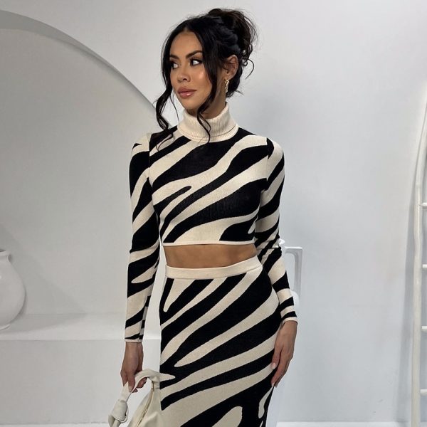 Top Striped Slim-fit Sheath Skirt Knitting Suit - Image 9