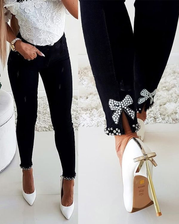 Slim Jeans Women Butterfly Sticky Flower Beaded Split Trousers - Image 6