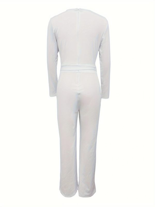 Women's Solid Color Long Sleeved V-neck Bow Tie Design Slimming And Fashionable Jumpsuit - Image 2
