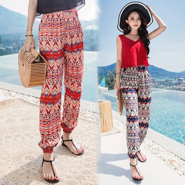 Bohemian printed cotton silk harem pants female high waist wide leg pants female thin flower long pants - Image 3