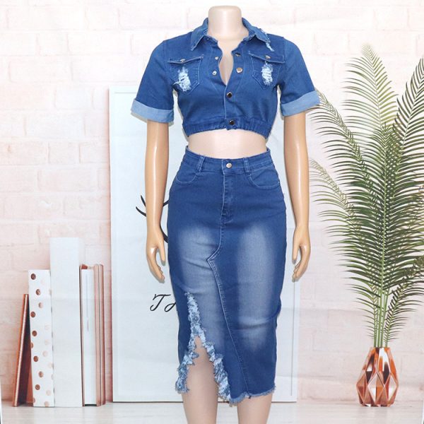 Denim Women's Wear Fashion Frosted Garment Wash Denim Skirt Suit - Image 7