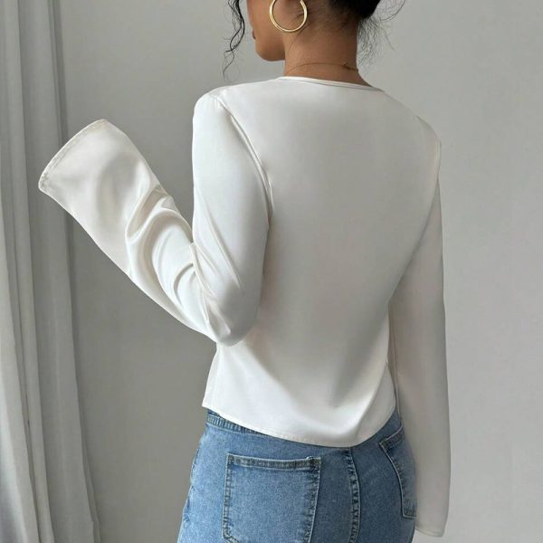 Women's Elegant Solid Color V-neck Ruffled Front Flared Sleeve Shirt - Image 2