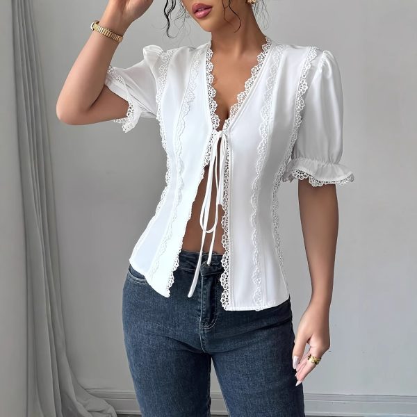 Women's Casual Short Sleeved V-neck Lace Up Pleated Patchwork Solid Color Shirt - Image 5