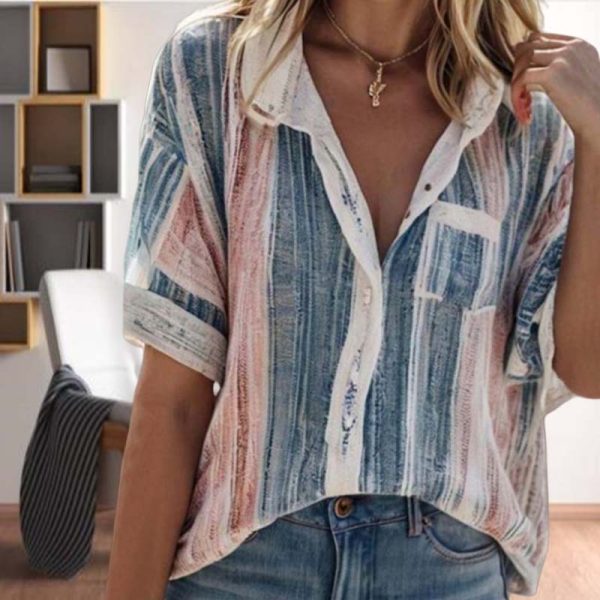 Women's Summer Temperament Contrast Color Striped Shirt - Image 5