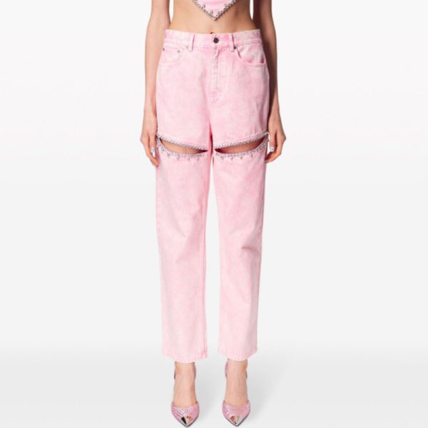 Diamond Beaded Design Straight Mid-waist Long Hollow Jeans - Image 4