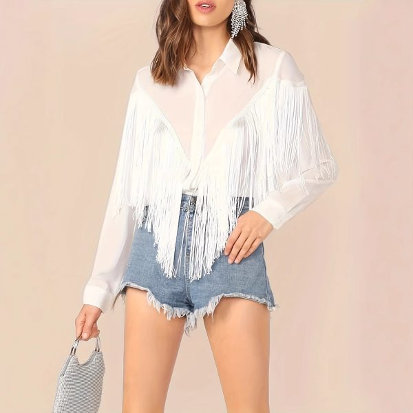 Women's Solid Color Tassel Decoration Long Sleeved Commuting Shirt Loose Casual Top - Image 3