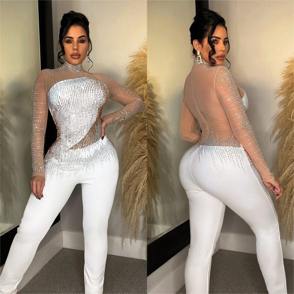 Women's Pure Color Mesh Rhinestone Long-sleeved Trousers Jumpsuit - Image 6