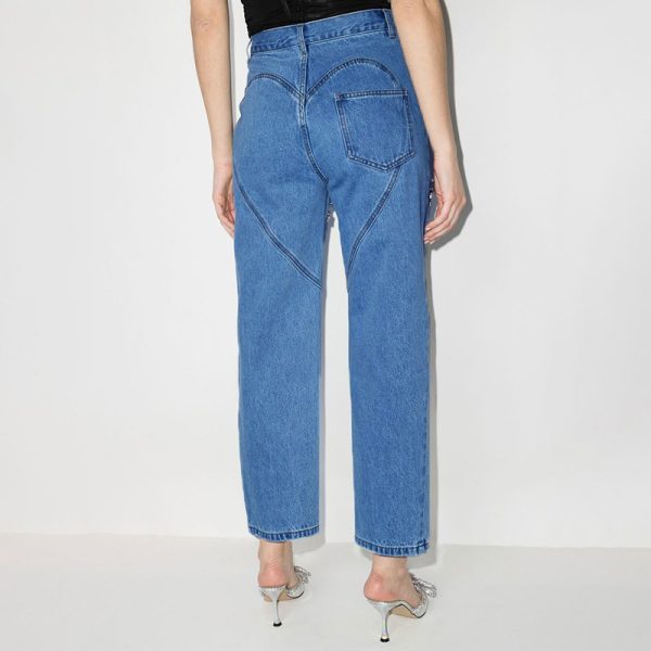 Diamond Beaded Design Straight Mid-waist Long Hollow Jeans - Image 3