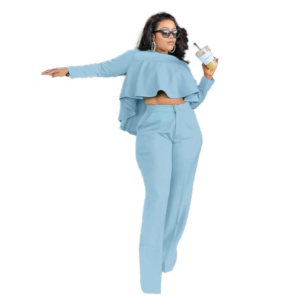 Solid Color Hollow-out Long Sleeve High Waist Wide Leg Pants Two-piece Set - Image 10